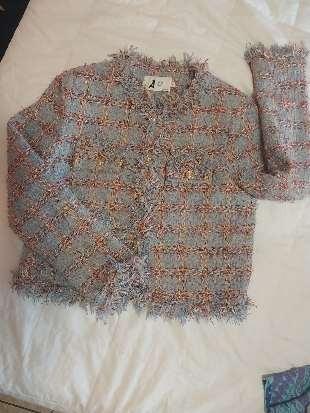 Cashmere Blend Light Blue Tweed Fringe Jacket - Brand Unspecified